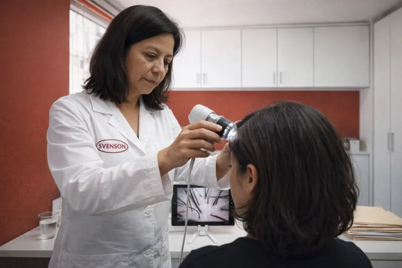 Especialista de Svenson revisa con una cámara de tricoscopía la raya del cabello de una mujer