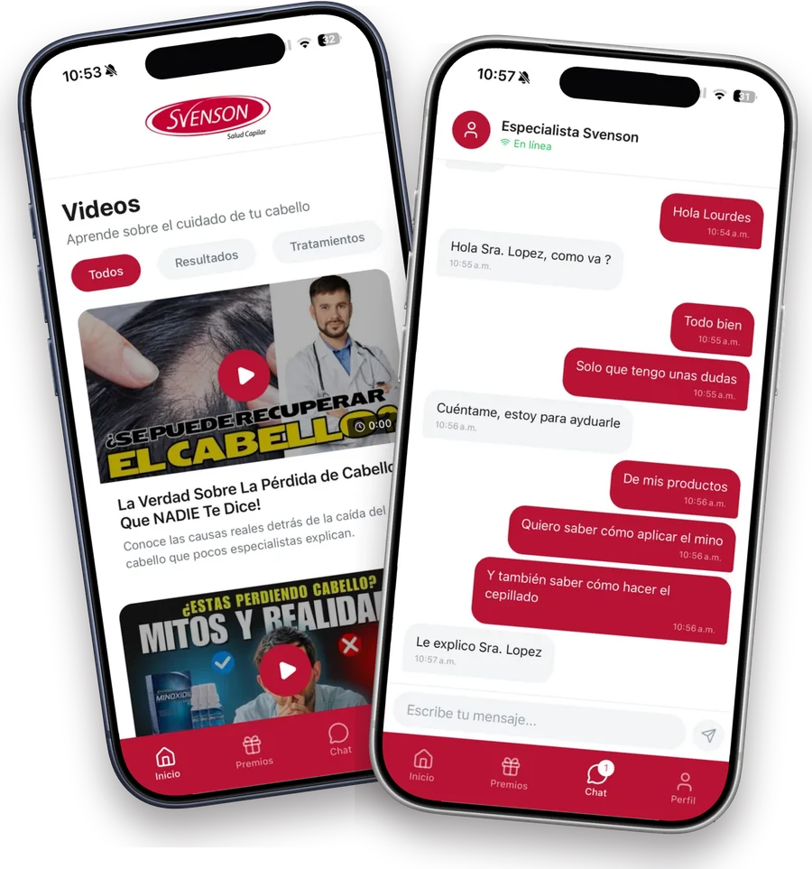 La app Svenson en dos iPhone: chat con tu especialista capilar y videos sobre el cuidado del cabello