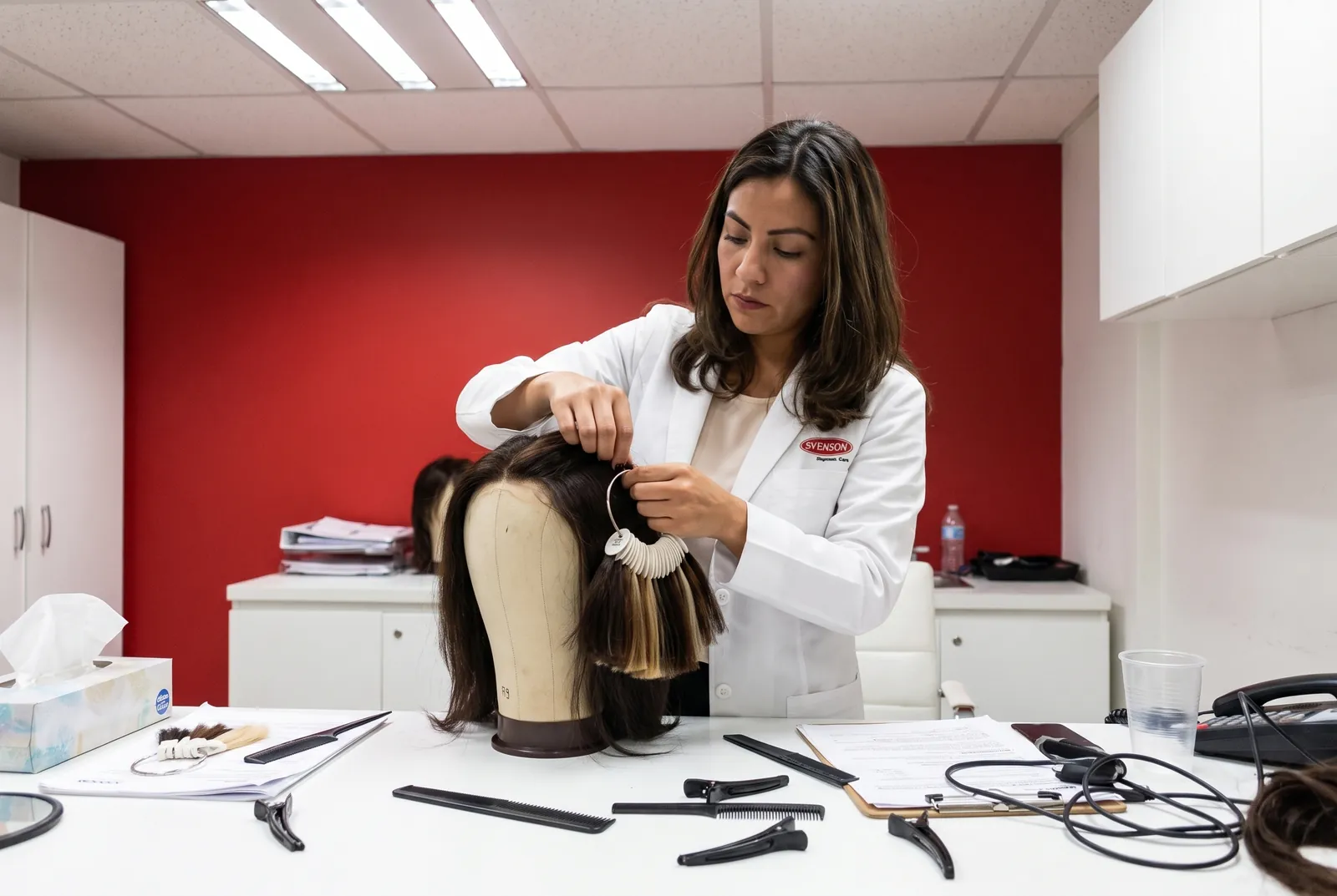 Especialista de Svenson prepara a mano una integración de cabello natural sobre una cabeza de maniquí